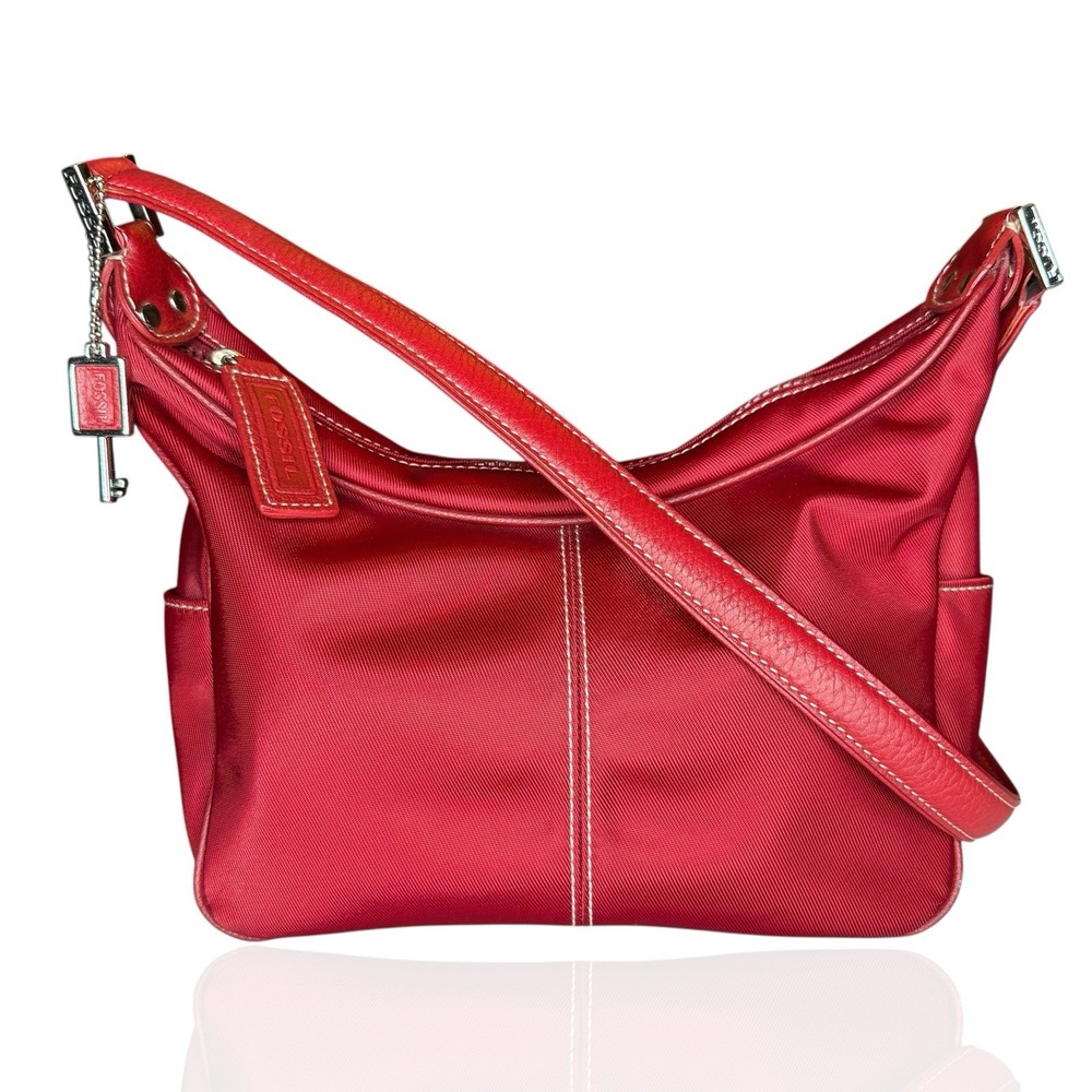 NWOT Fossil Shoulder Bag Red Nylon Multi Pocket Key Charm Leather Strap